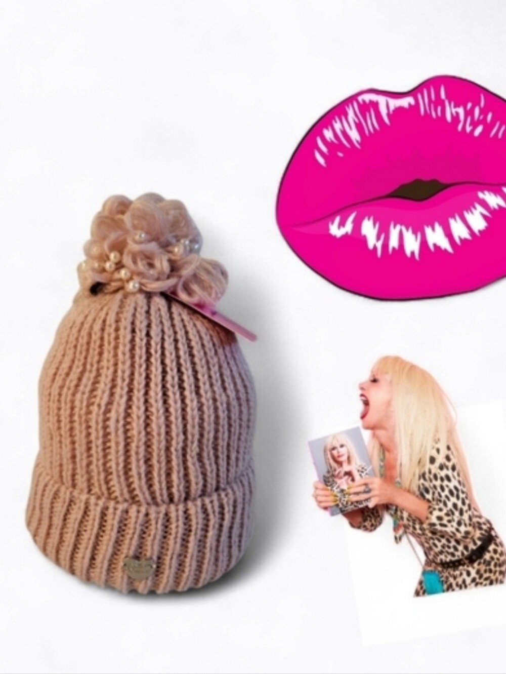 Nwt Betsey Johnson Limited Blush Pink Knit Beanie with faux Pearls & Pom Pom